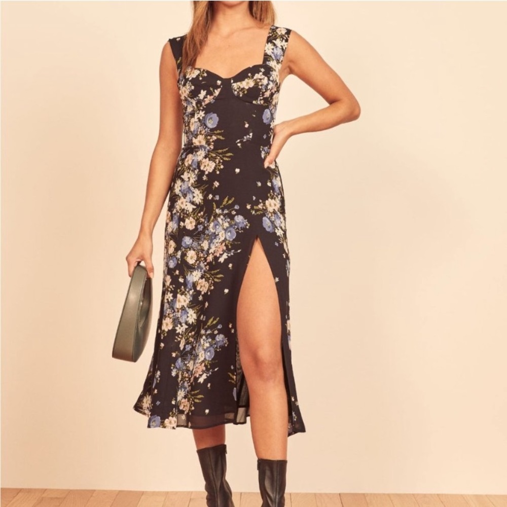 Reformation Black Floral Midi Dress